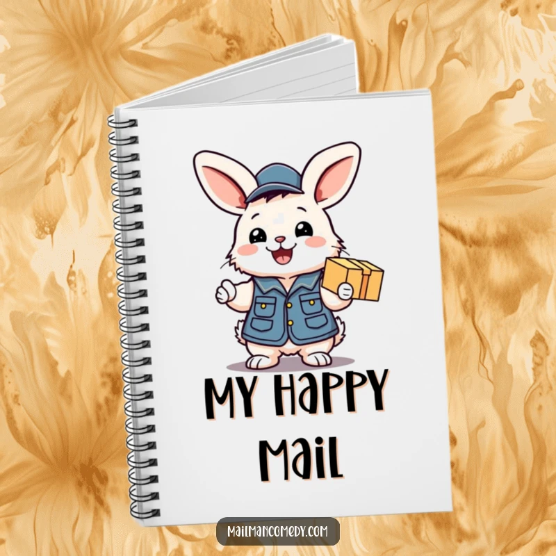 Funny notebook cover shows a fluffy bunny mail carrier excitedly handing a package with a big smile, perfect for note-taking.