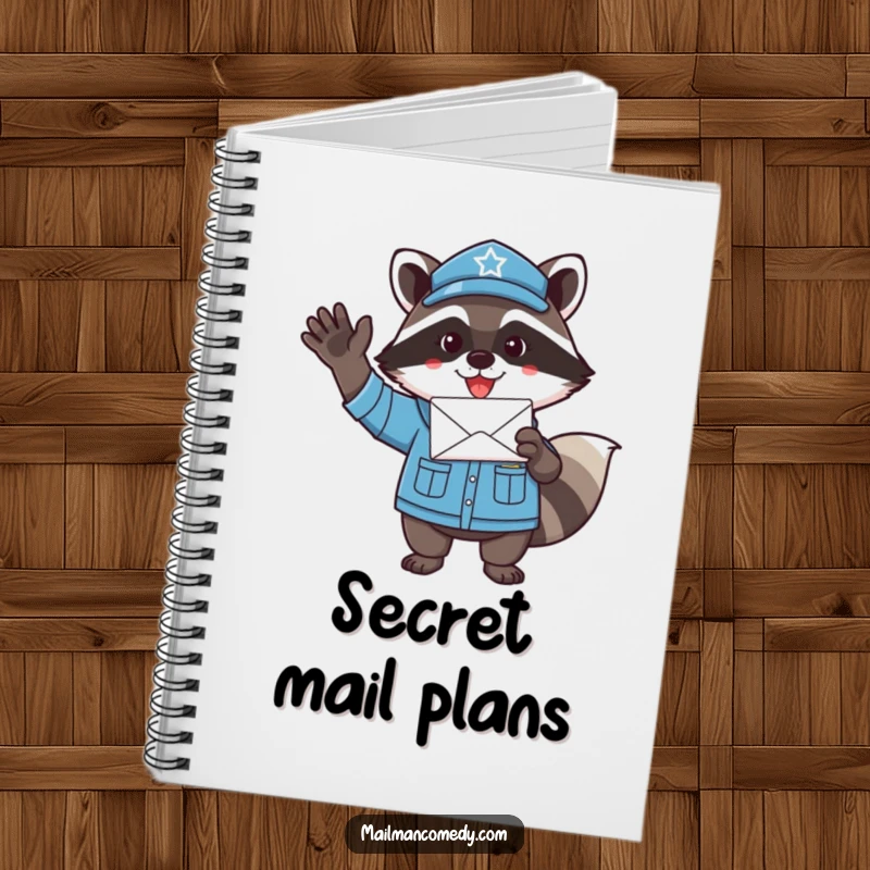 Funny raccoon mail carrier, waving a letter with excitement, ready to help organize thoughts on this humorous notebook.