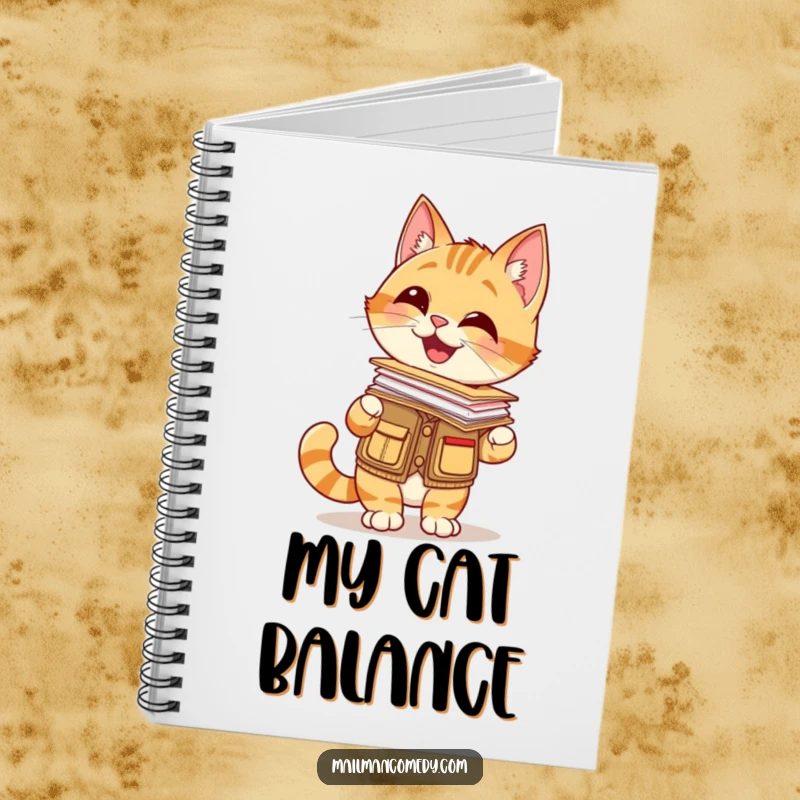 Funny notebook with a giggling cat in a mail carrier vest, balancing a stack of letters on its nose, for organized thoughts.