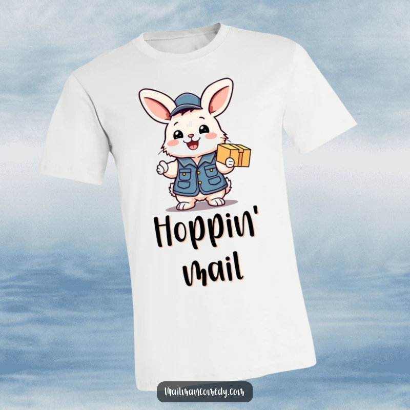 Funny t-shirt depicting a fluffy bunny in a mail uniform vest, excitedly handing a package with a big smile.
