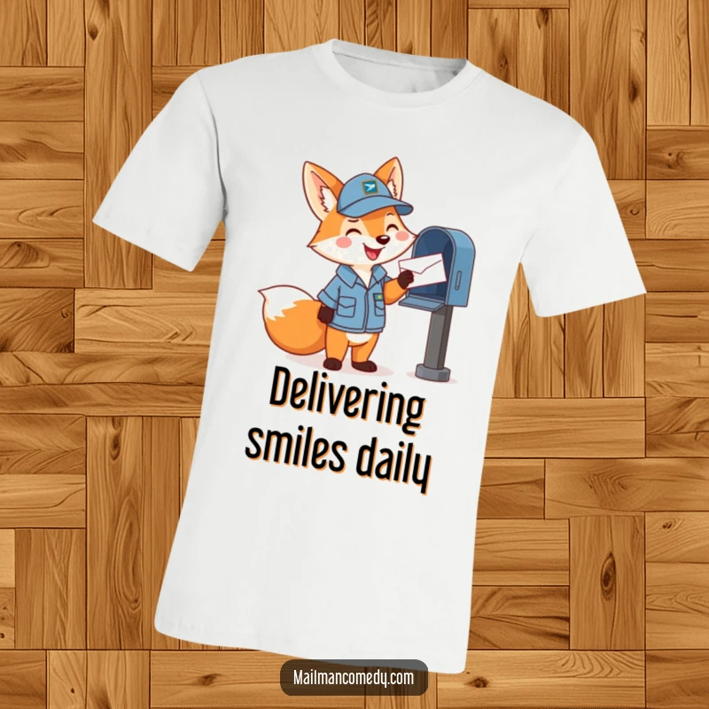 Funny t-shirt with a happy cartoon fox in a mail carrier uniform, cheerfully tossing a letter into a mailbox, full of charm.