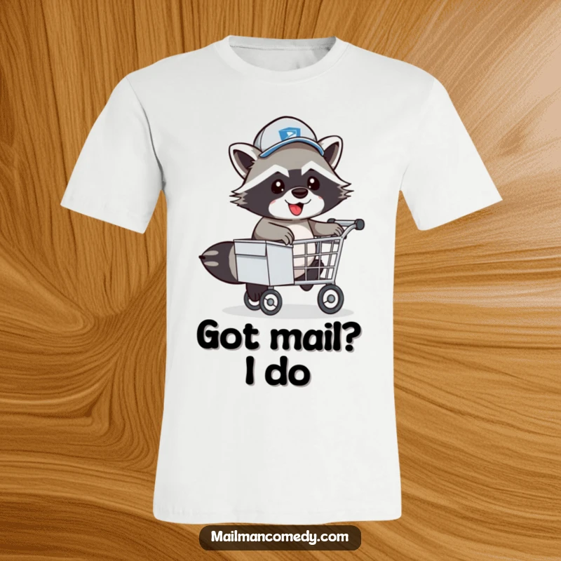 Funny Raccoon Mail Carrier T-Shirt: An energetic raccoon mail carrier in a hat playfully hopping over a mail cart.