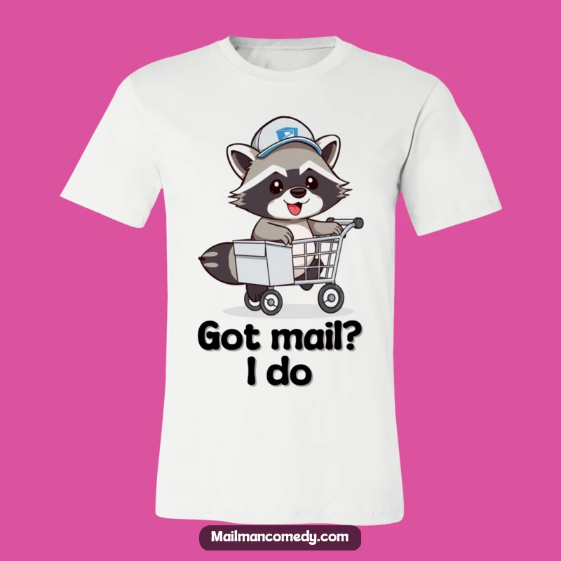 Funny Raccoon Mail Carrier T-Shirt: Playful Postal Pal Hopping Over Cart, Great Gift!