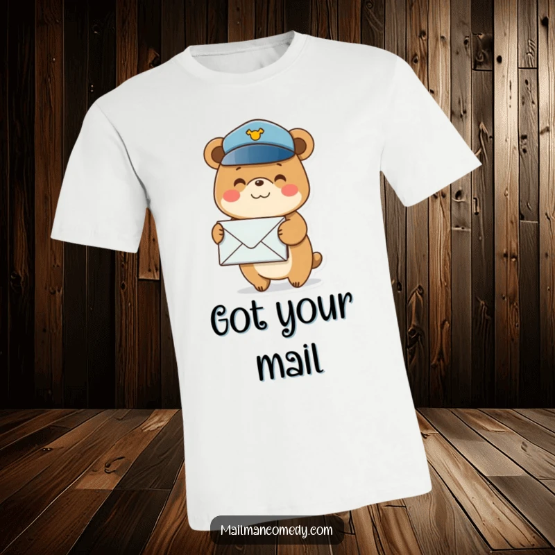 Funny postal bear t-shirt featuring a smiling bear in a postal hat, carefully balancing a large stack of envelopes.
