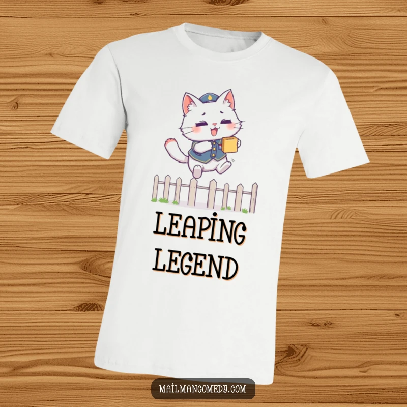 Funny leaping cat t-shirt featuring a fluffy cat in a uniform, expertly jumping over a fence while carrying a package.