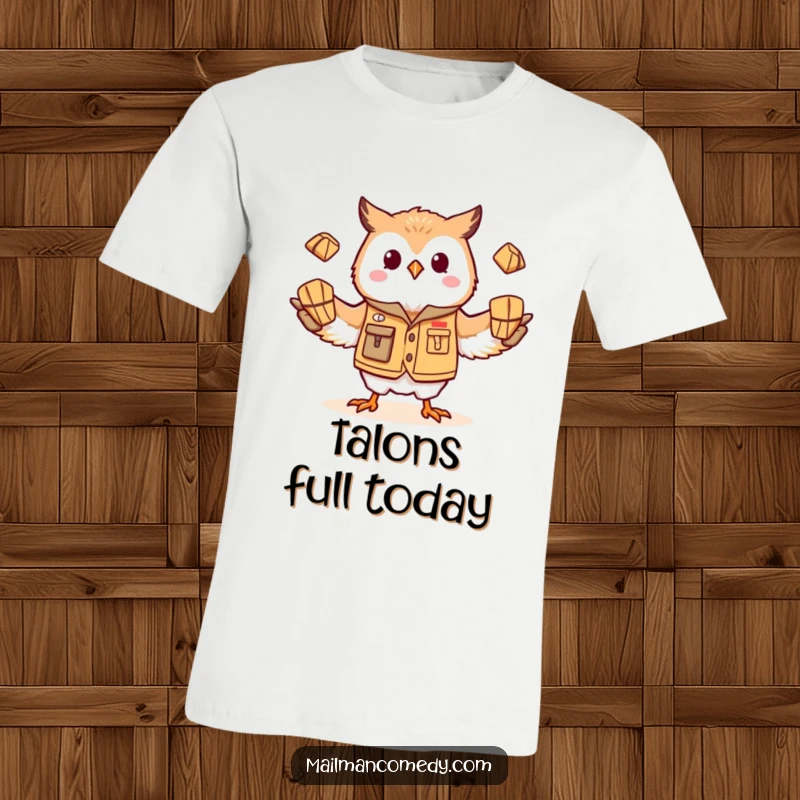 Funny owl mail carrier, dressed in a vest, hilariously juggling small packages on a comfortable and humorous t-shirt.
