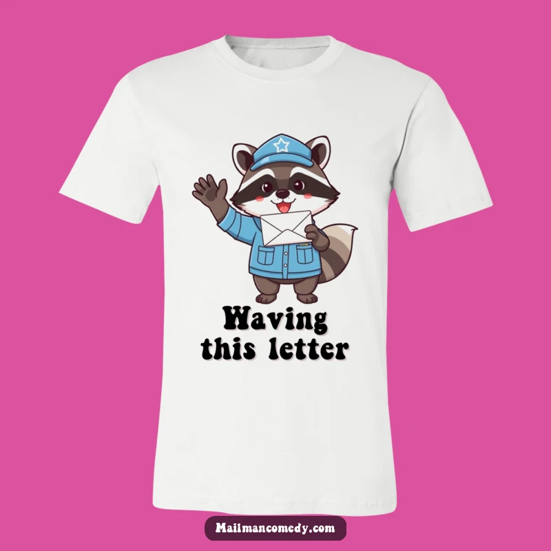 Funny Raccoon Mail Carrier T-Shirt - Playful Letter Waving Tee