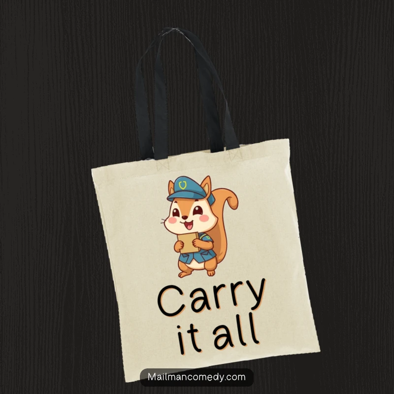 Funny squirrel in uniform, delivering a small package, stylish and funny tote bag gift.