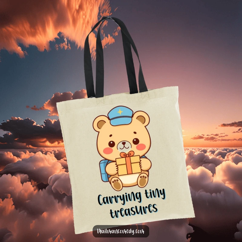 Funny bear mail carrier, smiling and delivering a tiny gift box, depicted on a durable and amusing tote bag.