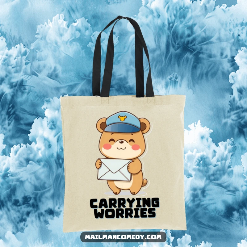 Funny postal bear tote bag featuring a smiling bear in a postal hat, balancing a stack of envelopes, perfect for errands.