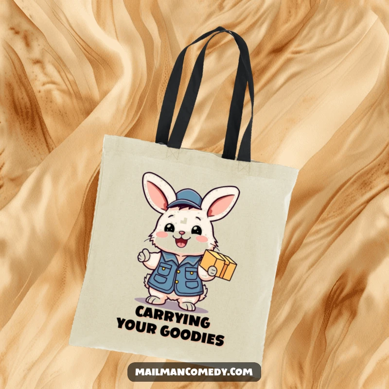 Funny tote bag featuring a fluffy bunny in a mail uniform vest, excitedly handing a package with a big smile, perfect for daily use.