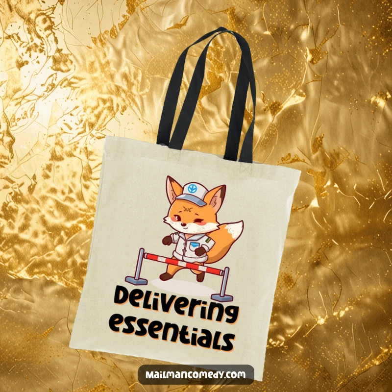 Funny fox mail carrier in uniform, expertly navigating a mini obstacle course, printed on a durable and humorous tote bag.