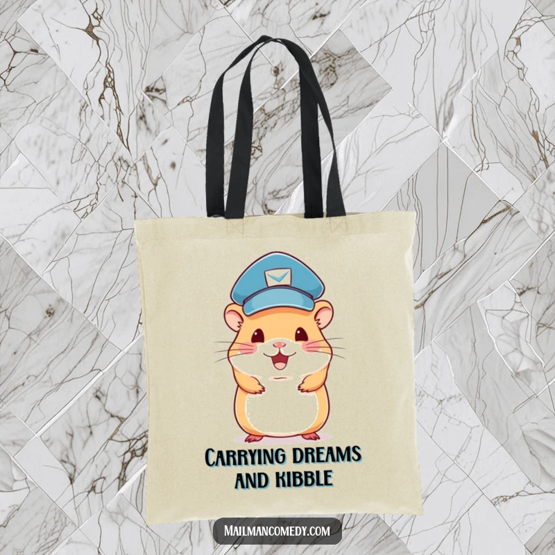 Funny hamster mail carrier tote bag, featuring a cute rodent balancing many letters on its head.