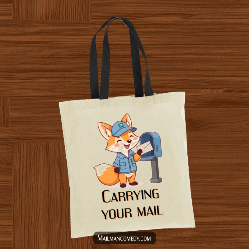 Funny tote bag with a happy cartoon fox in a mail carrier uniform, cheerfully tossing a letter into a mailbox, for everyday use.