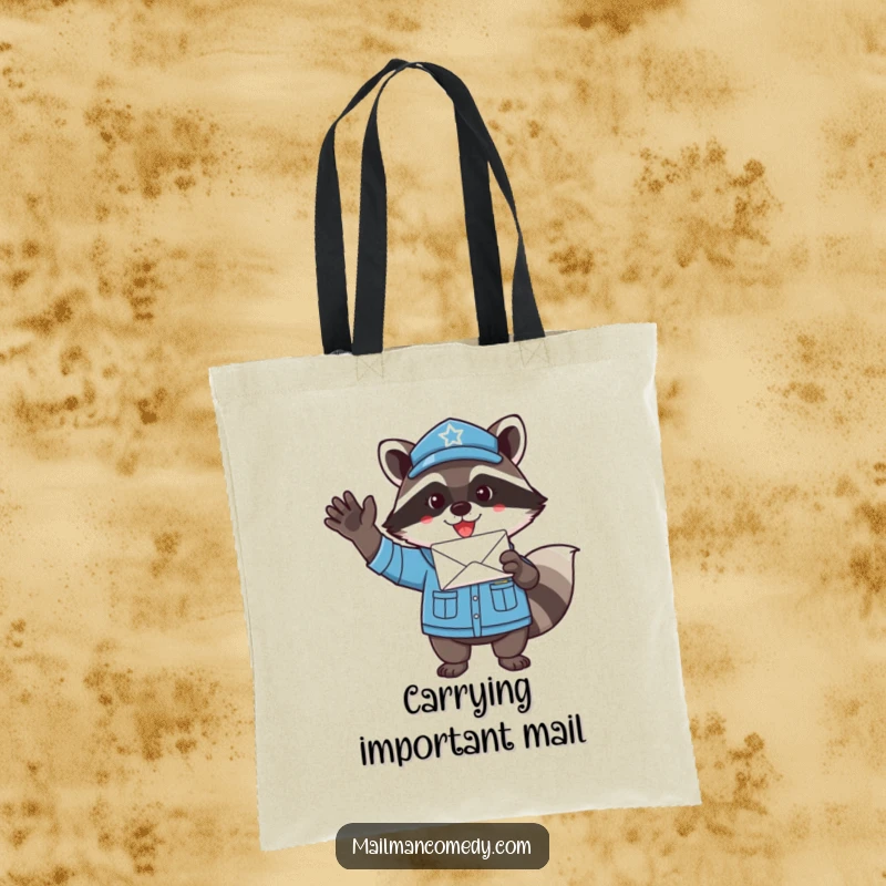 Funny raccoon mail carrier, waving a letter enthusiastically, depicted on a durable and amusing tote bag.